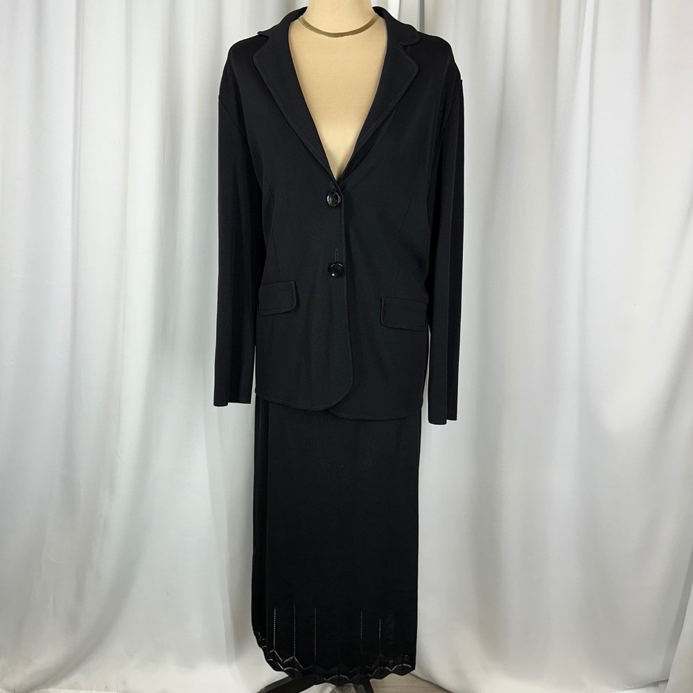Misook Black Knit Skirt Suit Set Blazer Maxi Skirt Scalloped Hem Size L Travel